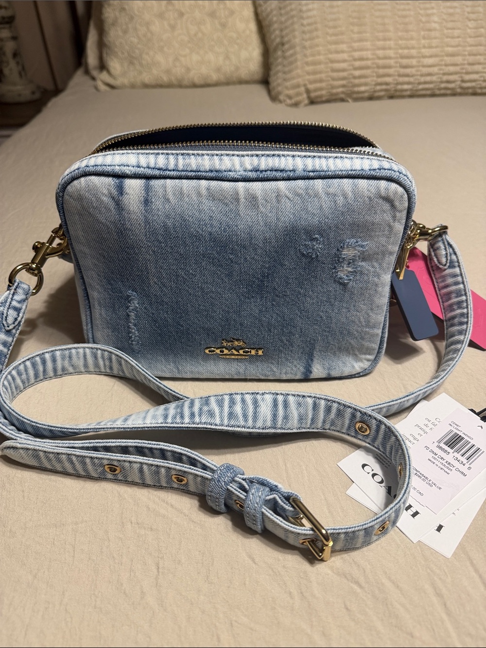 COACH Light Blue Denim Crossbody Bag with Gold Hardware